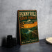 A vintage-style metal sign for the Penney State Forest in Kentucky, featuring a scenic landscape with a river, trees, and a sunset.