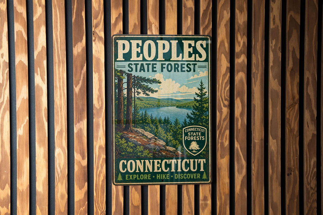 A vintage metal sign for the People's State Forest in Connecticut, featuring a scenic landscape with pine trees, a lake, and mountains.
