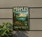 A vintage-style sign for the People's State Forest in Connecticut, featuring a scenic landscape with pine trees, a lake, and mountains.