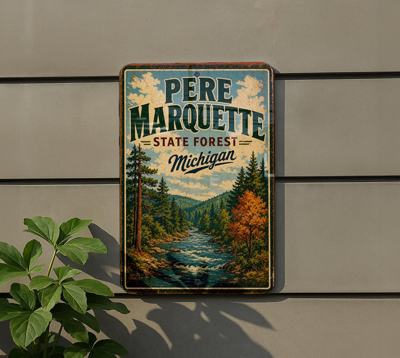 A vintage-style metal sign with the text "PERE MARQUETTE STATE FOREST MICHIGAN" displayed on a wall, depicting a scenic forest landscape with a river and pine trees.