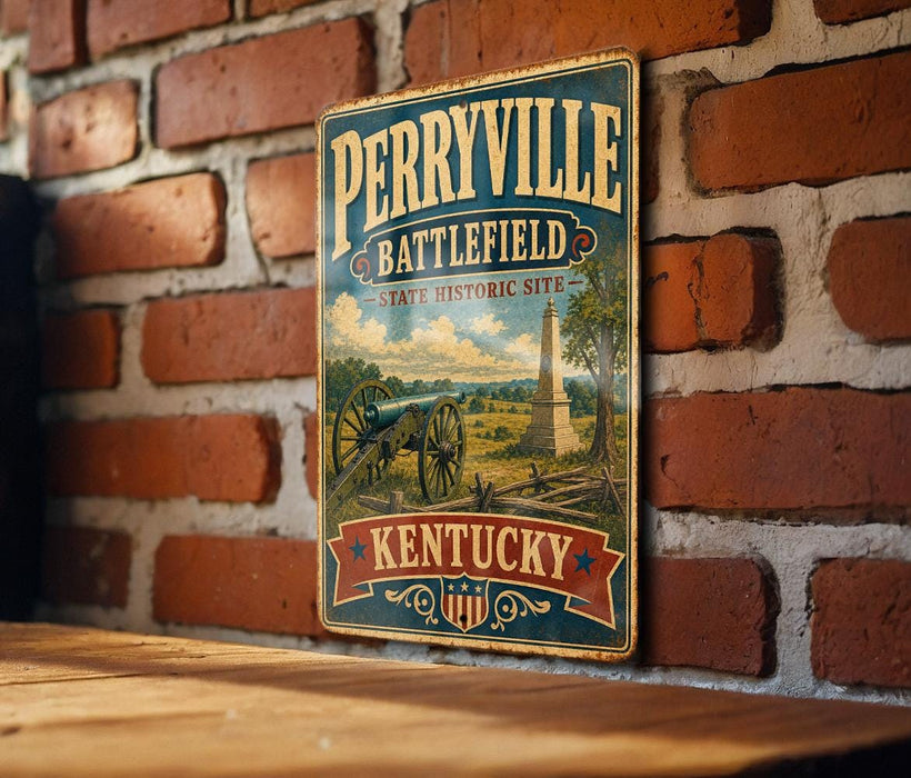A vintage-style metal sign for Perryville Battlefield, a state historic site in Kentucky, mounted on a brick wall.