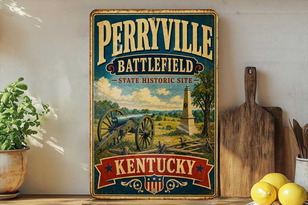 A vintage-style sign for Perryville Battlefield, a state historic site in Kentucky, featuring a cannon and a landscape scene.