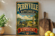 A vintage-style sign for Perryville Battlefield, a state historic site in Kentucky, featuring a cannon and a landscape scene.