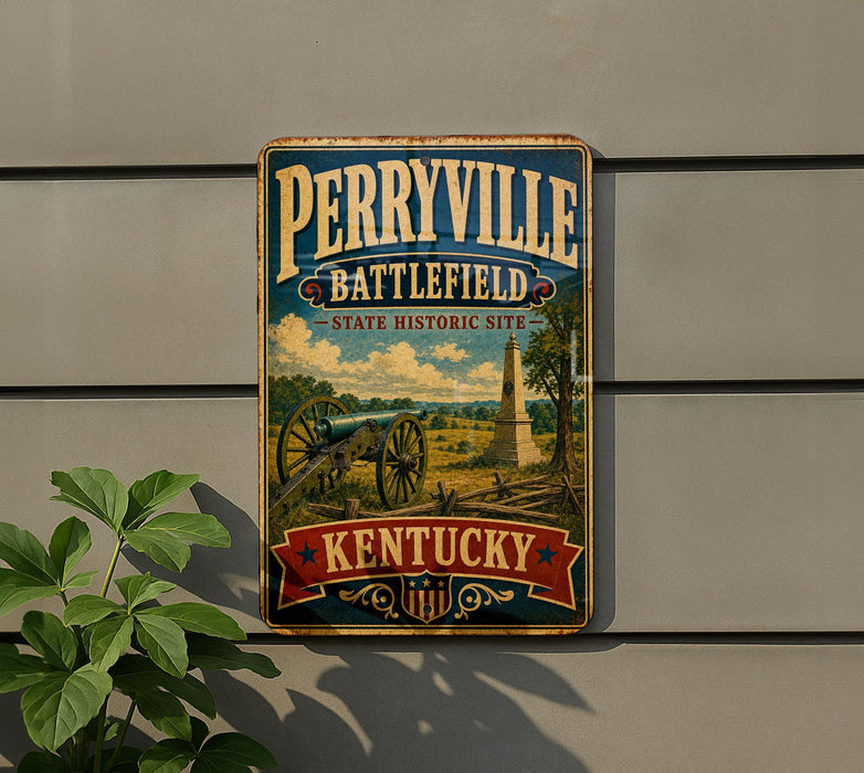 A vintage-style metal sign for Perryville Battlefield, Kentucky, featuring a cannon and a landscape scene.