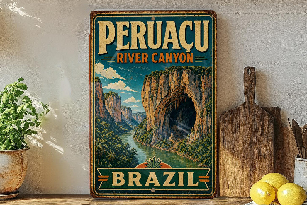 A vintage-style poster of the Peruvian River Canyon, featuring a scenic landscape with a river, mountains, and a cave, is displayed on a wall next to a wooden cutting board and some potted plants.