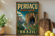 A vintage-style poster of the Peruvian River Canyon, featuring a scenic landscape with a river, mountains, and a cave, is displayed on a wall next to a wooden cutting board and some potted plants.