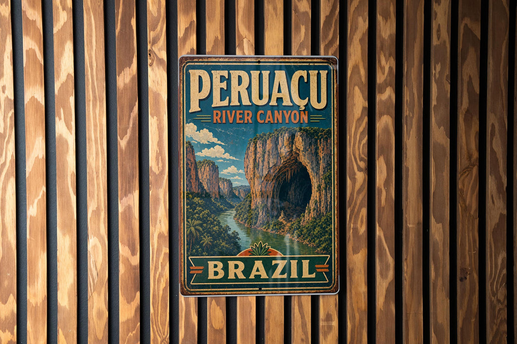 A vintage-style metal sign with the text "PERUACU RIVER CANYON BRAZIL" and a scenic illustration of a river canyon, mounted on a wooden wall.