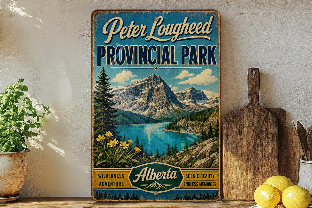 A vintage-style sign for Peter Lougheed Provincial Park in Alberta, Canada, featuring a scenic mountain landscape with a lake and pine trees.