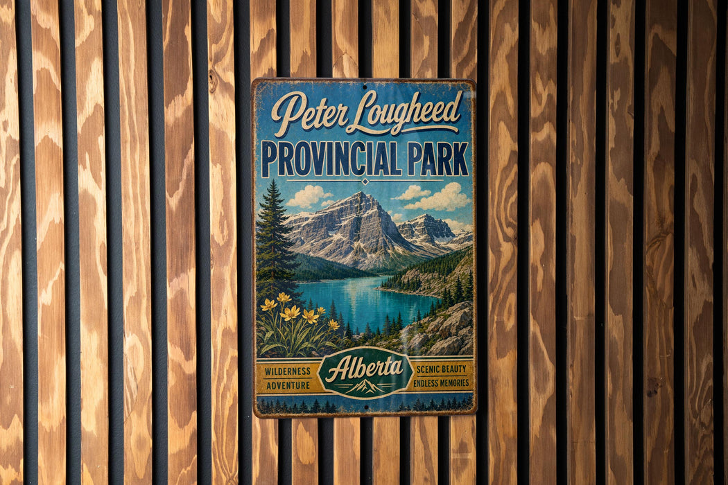 A vintage-style metal sign for Peter Lougheed Provincial Park in Alberta, Canada, featuring a scenic mountain landscape with a lake and pine trees.
