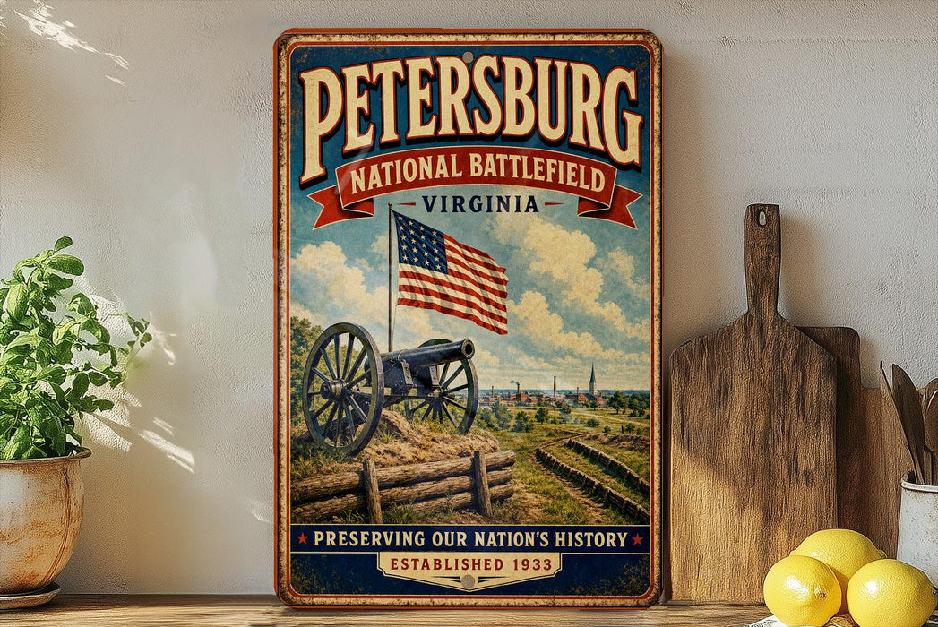 A vintage-style metal sign for the Petersburg National Battlefield in Virginia, featuring an American flag and a cannon, with the text "Preserving Our Nation's History" and "Established 1933".