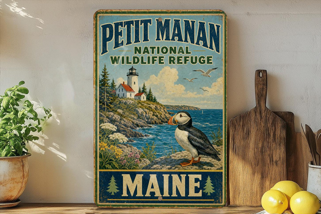 A vintage-style metal sign for the Petit Manan National Wildlife Refuge in Maine, featuring a lighthouse, puffins, and a coastal landscape.