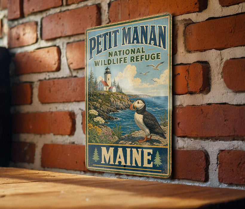 A vintage metal sign for the Maine National Wildlife Refuge, featuring a puffin bird and a lighthouse, is displayed on a brick wall.