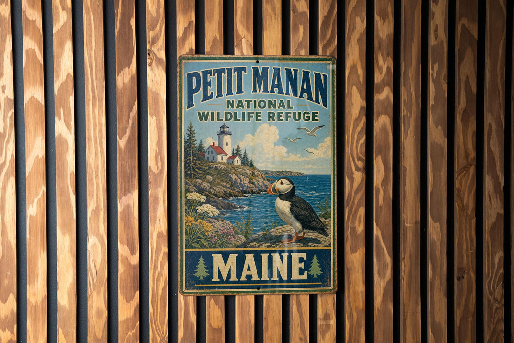 A vintage metal sign for the Petit Manan National Wildlife Refuge in Maine, featuring a lighthouse and a puffin bird.