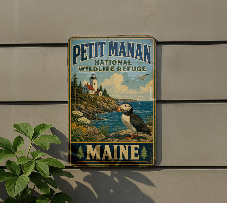 A vintage-style metal sign for the Petit Manan National Wildlife Refuge in Maine, featuring a puffin bird and a lighthouse on a rocky coastline.