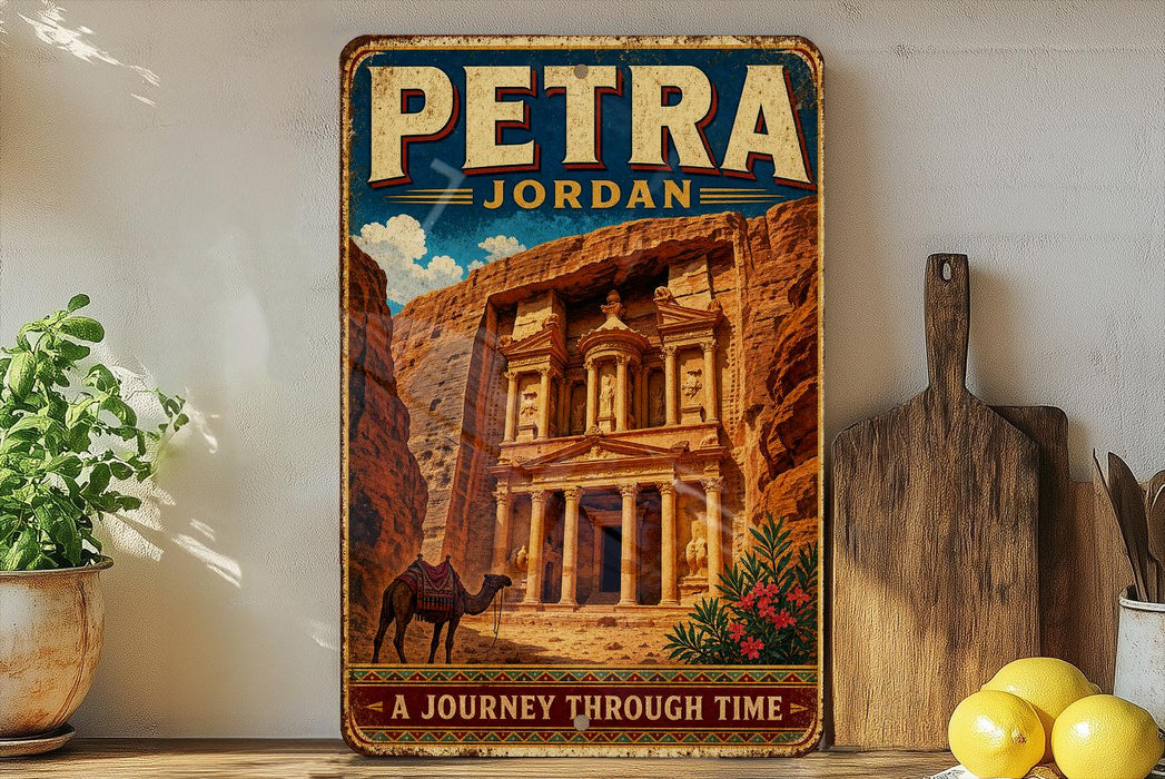 A vintage-style metal sign with the text "PETRA JORDAN" and an illustration of the ancient ruins of Petra, a famous landmark in Jordan.