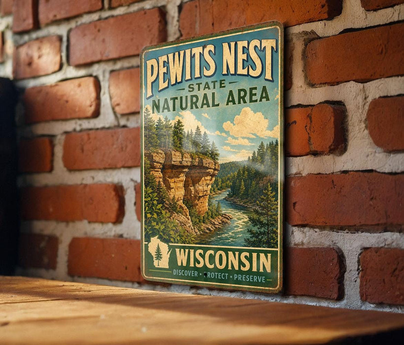 A vintage-style metal sign for the Pewits Nest State Natural Area in Wisconsin, featuring a scenic landscape with a river and forest.