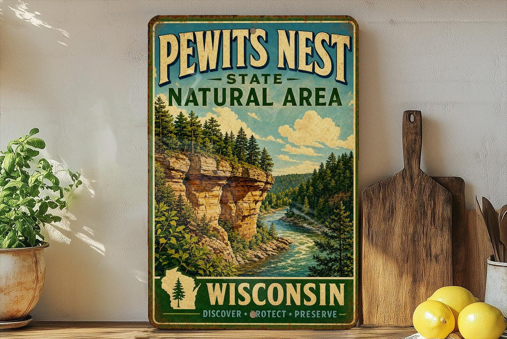 A vintage-style sign for the Pewits Nest State Natural Area in Wisconsin, featuring a scenic illustration of a river and forest landscape.