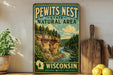 A vintage-style sign for the Pewits Nest State Natural Area in Wisconsin, featuring a scenic illustration of a river and forest landscape.