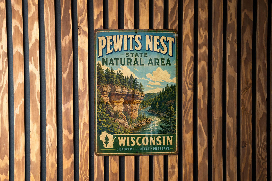 A vintage metal sign for the Pewits Nest State Natural Area in Wisconsin, featuring a scenic illustration of a river and forest landscape.