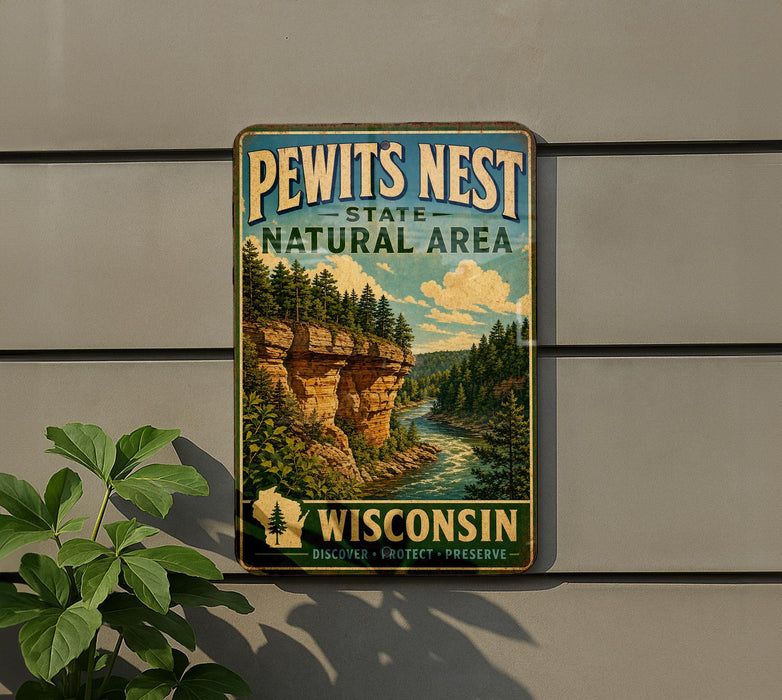 A vintage-style metal sign for the Pewits Nest State Natural Area in Wisconsin, featuring a scenic landscape with a river and forest.