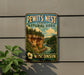 A vintage-style metal sign for the Pewits Nest State Natural Area in Wisconsin, featuring a scenic landscape with a river and forest.