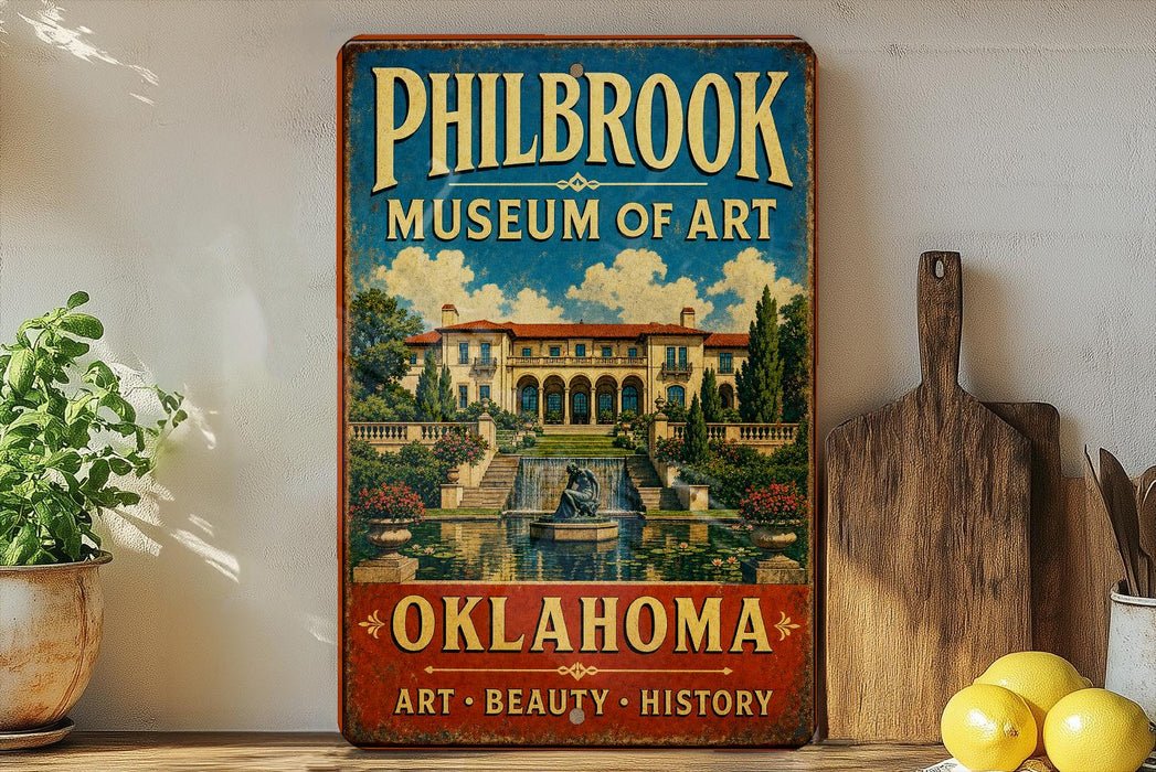 A vintage-style sign for the Philbrook Museum of Art in Oklahoma, featuring an illustration of a grand building with a fountain in the foreground.