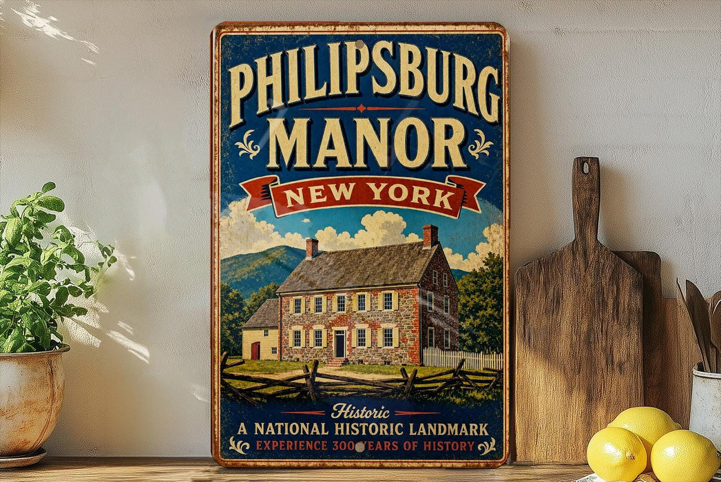 A vintage-style metal sign for the historic Philipburg Manor in New York, featuring an illustration of a historic house surrounded by a wooden fence and mountains in the background.