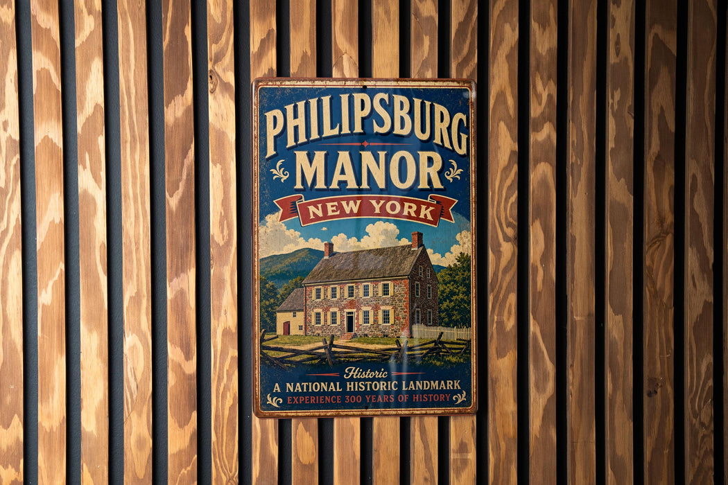 A vintage-style metal sign for the historic Philipsburg Manor in New York, featuring an illustration of a historic house surrounded by a wooden fence.