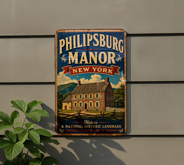 A vintage-style metal sign for the historic Philipburg Manor in New York, featuring an illustration of a historic house surrounded by trees and mountains.