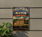 A vintage-style metal sign for the historic Philipburg Manor in New York, featuring an illustration of a historic house surrounded by trees and mountains.