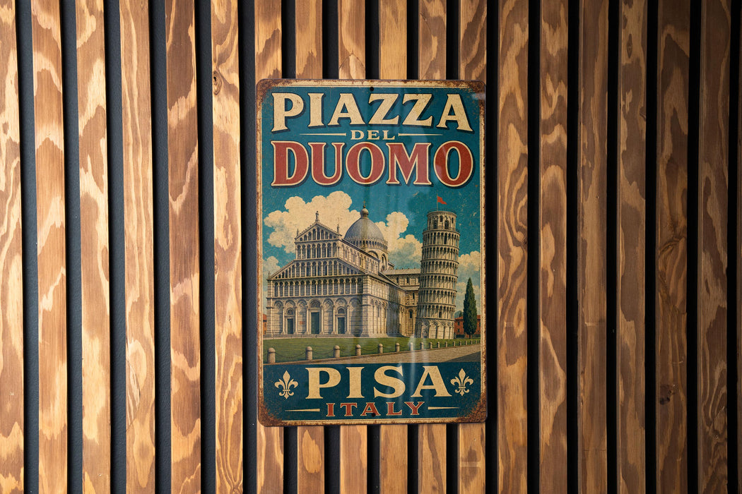A vintage-style metal sign with the text "PIZZA DEL DUOMO" and "PIESA ITALY" is displayed on a wooden wall.