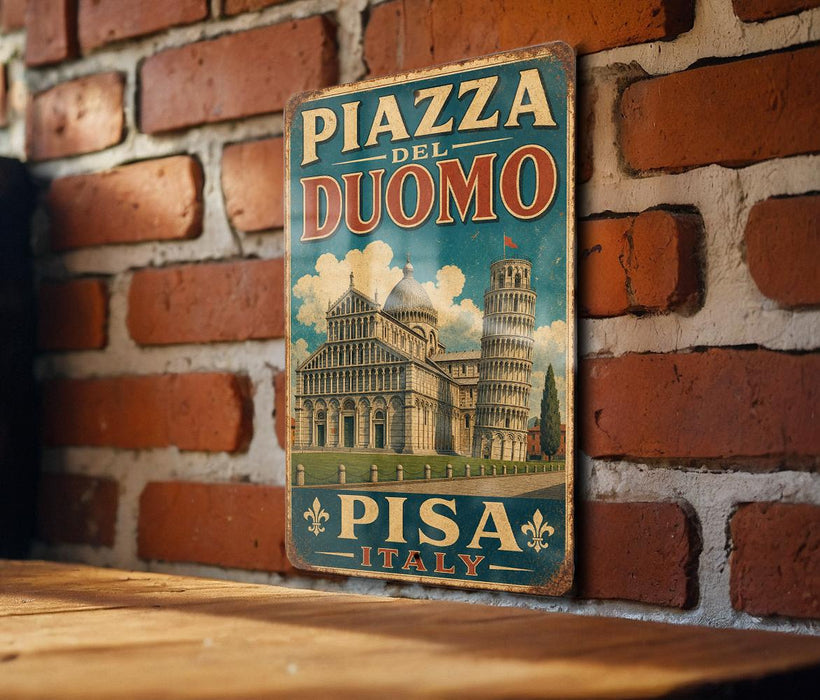 A vintage-style metal sign with the text "PIZZA DEL DUOMO PISA ITALY" and an illustration of the Leaning Tower of Pisa, hanging on a brick wall.