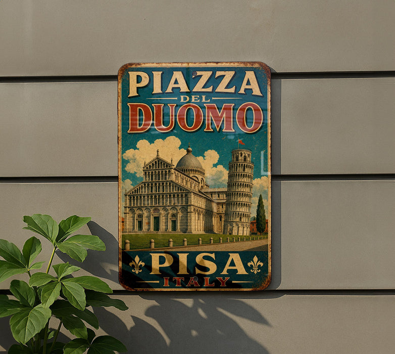 A vintage metal sign with the text "PIZZA DEL DUOMO PISÀ ITALY" and an illustration of the Leaning Tower of Pisa, a famous landmark in Italy.