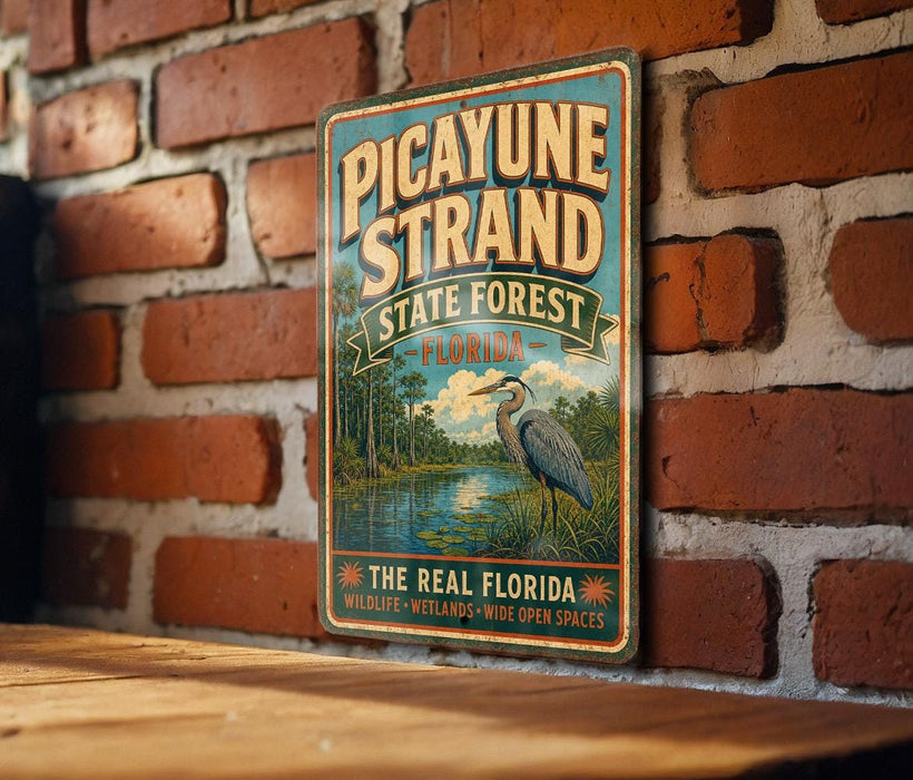 A vintage-style sign for the Pico Yune State Forest in Florida, featuring a blue background with a large bird illustration and text.