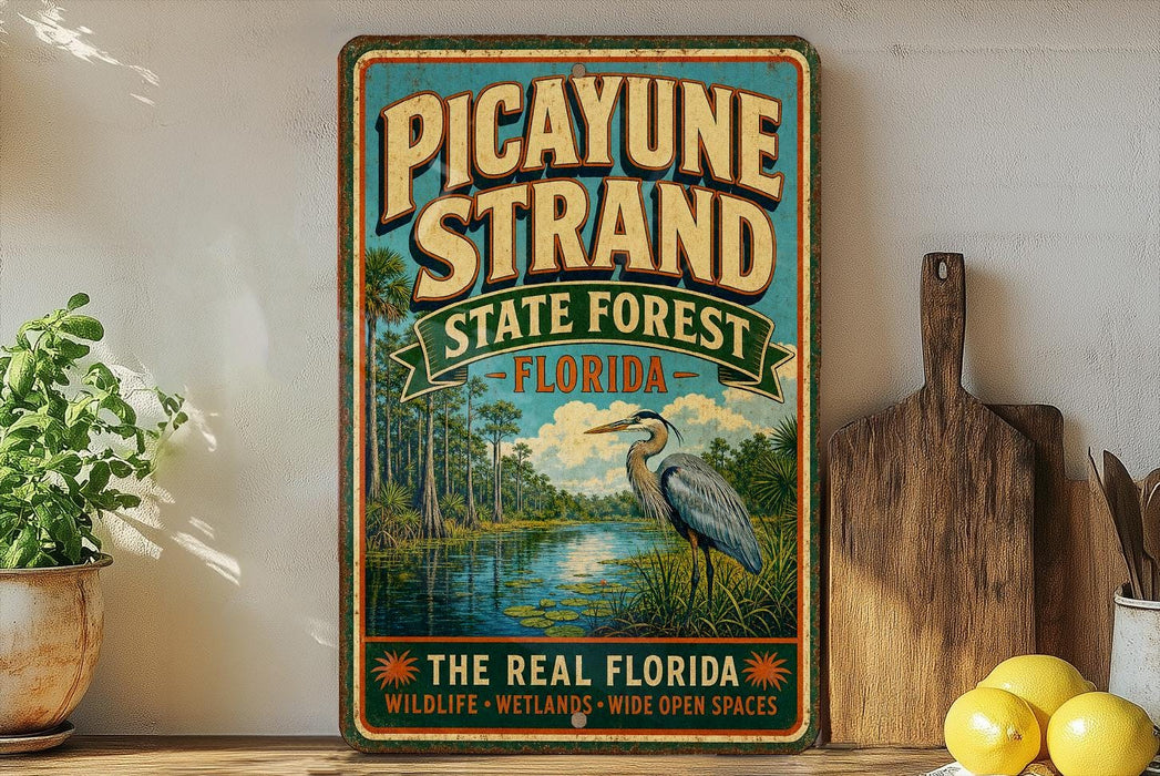A vintage-style sign for the Picayune Strand State Forest in Florida, featuring a large blue heron in the foreground and a lush, tropical landscape in the background.
