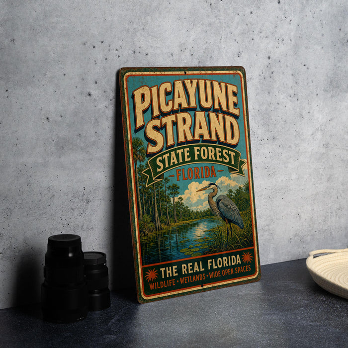 A vintage-style sign for the Pico Yune Strand State Forest in Florida, featuring a large blue heron in the foreground.