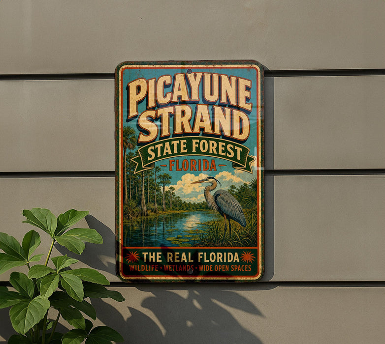 A vintage-style sign for the Pico Yune Strand State Forest in Florida, featuring a large blue heron in the foreground and a lush green forest in the background.