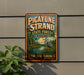 A vintage-style sign for the Pico Yune Strand State Forest in Florida, featuring a large blue heron in the foreground and a lush green forest in the background.