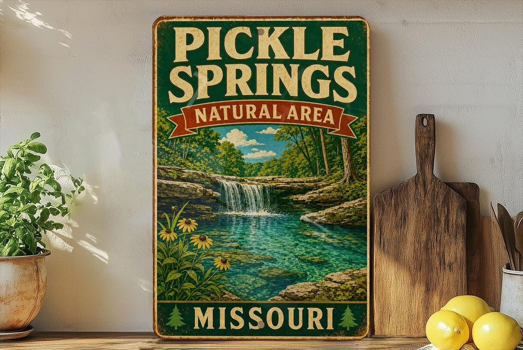A vintage-style sign for Pickle Springs Natural Area in Missouri, featuring a scenic landscape with a waterfall and lush greenery.
