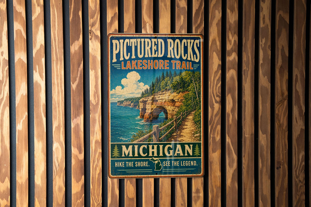 A vintage metal sign for the Pictured Rocks Lakeshore Trail in Michigan, featuring a scenic illustration of a rocky coastline with a path leading through the landscape.