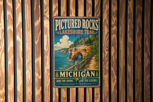 A vintage metal sign for the Pictured Rocks Lakeshore Trail in Michigan, featuring a scenic illustration of a rocky coastline with a path leading through the landscape.