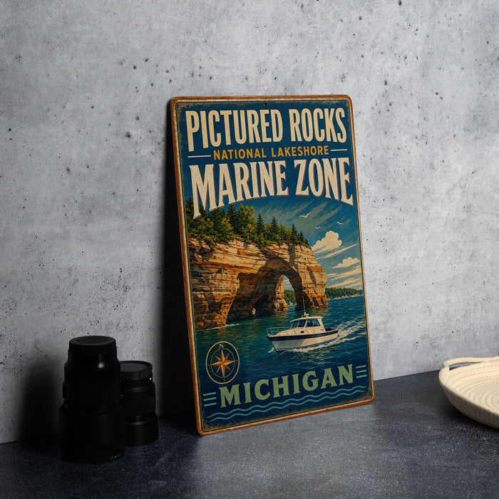 A vintage-style sign for the Pictured Rocks National Lakeshore Marine Zone in Michigan, featuring a scenic image of a boat on the water and a rocky arch in the background.