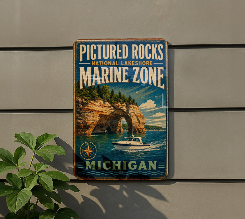 A vintage-style sign for the Pictured Rocks National Lakeshore Marine Zone in Michigan, featuring a scenic image of a boat on the water and a rocky arch in the background.