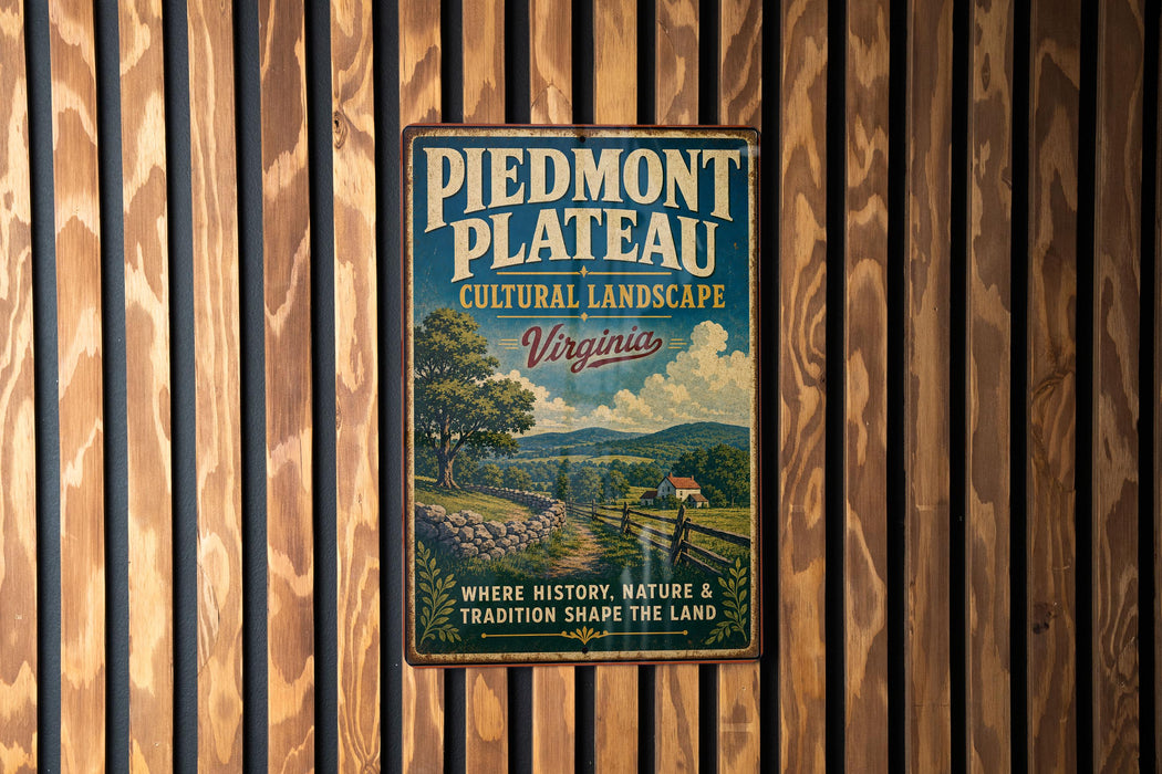 A vintage-style metal sign for Piedmont Plateau, Virginia, featuring a scenic landscape with a road, trees, and a house.