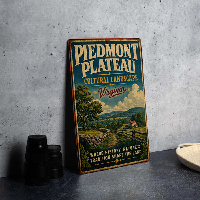 A vintage-style sign for Piedmont Plateau, Virginia, featuring a scenic landscape with a tree, a house, and a path.