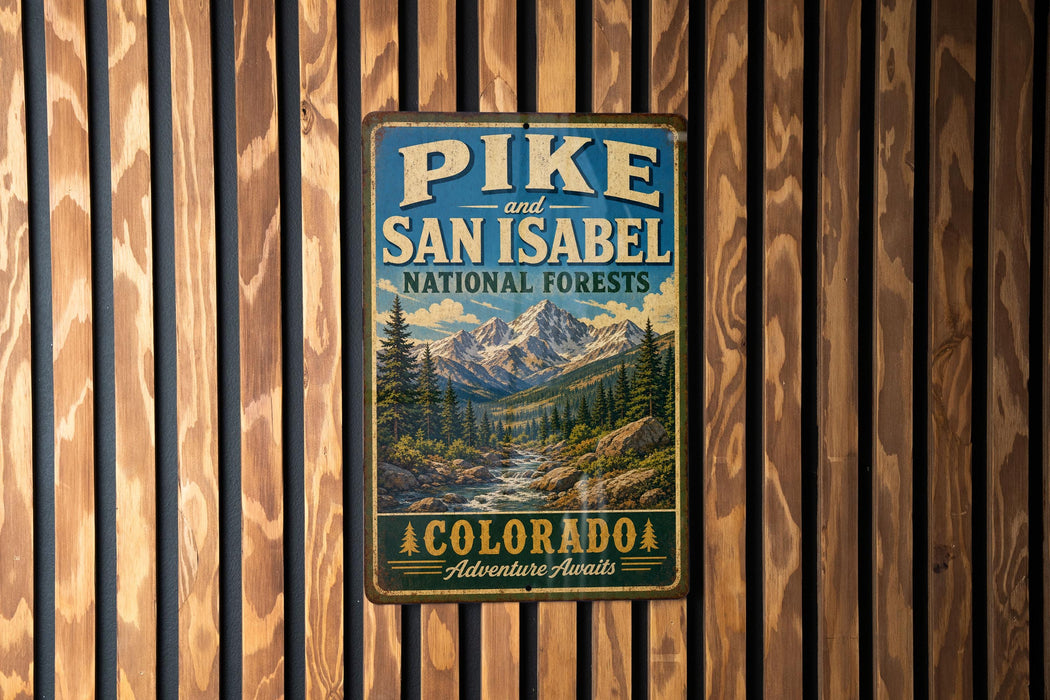A vintage-style metal sign with the text "Pike and San Isabel National Forests" and "Colorado Adventure Awaits" is displayed on a wooden wall.