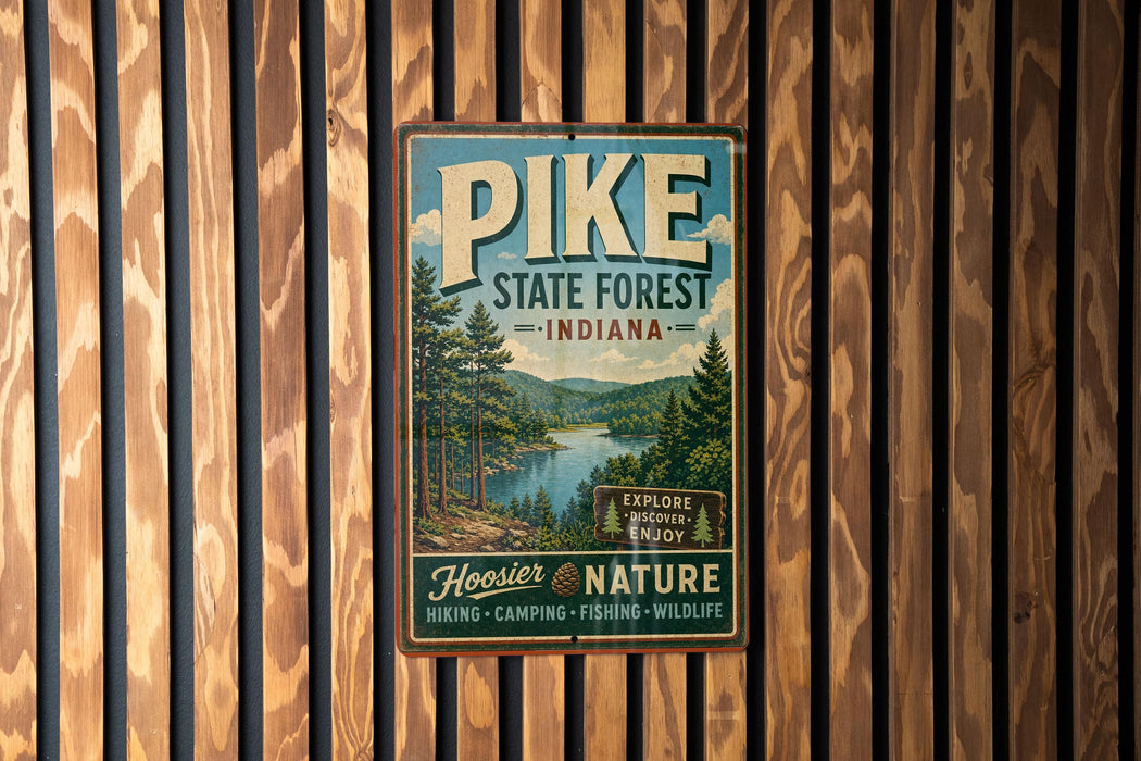 A vintage-style metal sign for Pike State Forest, Indiana, featuring a scenic image of the forest and a river.