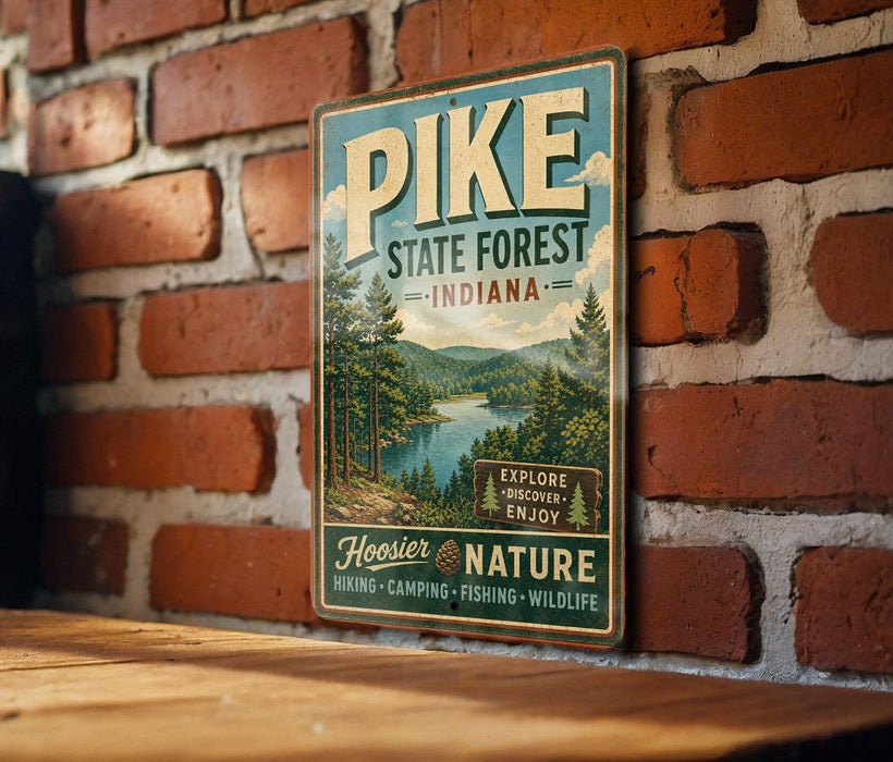 A vintage-style metal sign for Pike State Forest, Indiana, mounted on a brick wall.