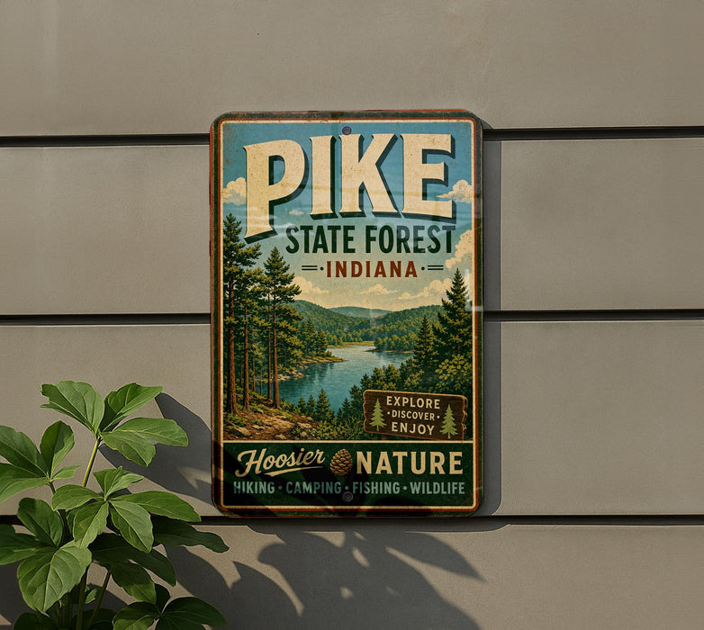 A vintage-style metal sign for Pike State Forest in Indiana, featuring a scenic landscape with pine trees, a river, and mountains.