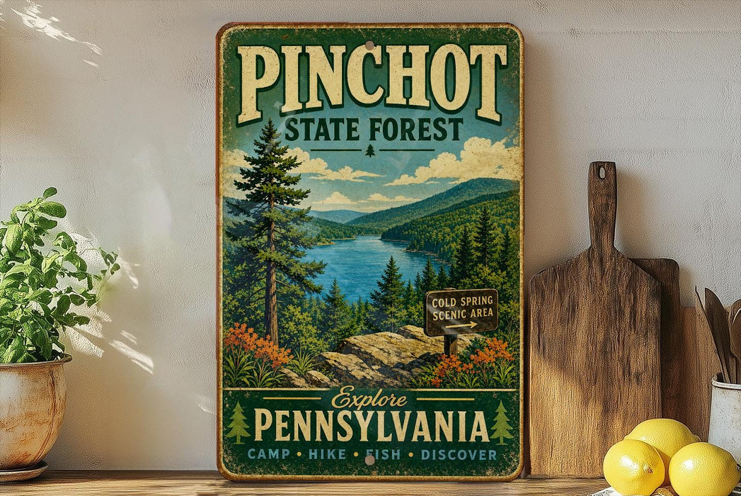 A vintage-style metal sign for the Pinchot State Forest in Pennsylvania, featuring a scenic landscape with pine trees, a lake, and mountains.